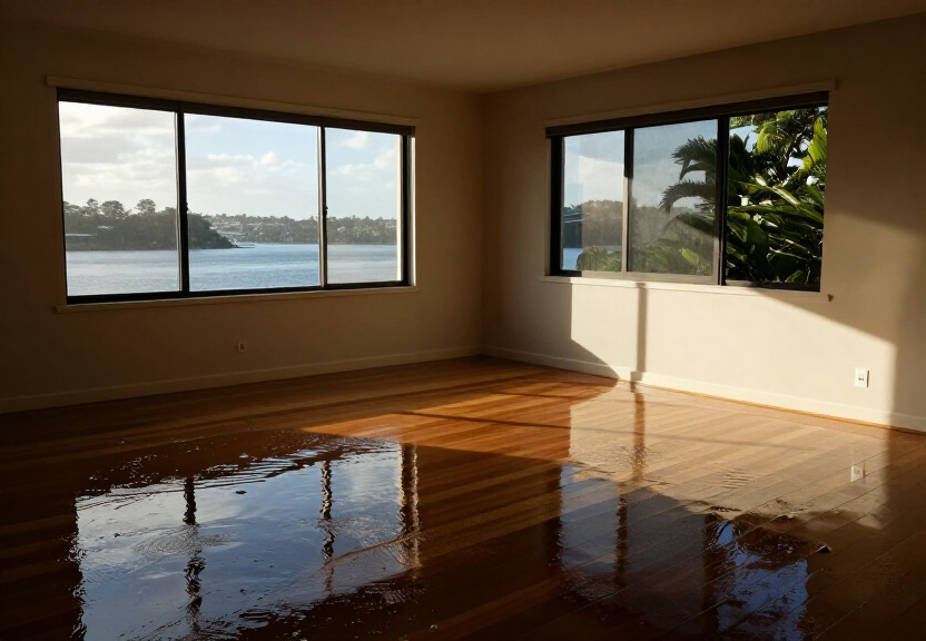 Flooded living room in South Wentworthville before restoration